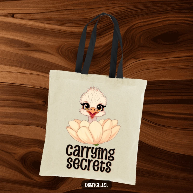 Funny ostrich tote bag featuring a surprised character with wide eyes peeking over a giant flower, a delightful accessory.