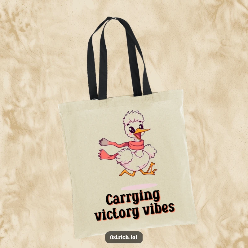 Funny ostrich running with a scarf flowing on a tote bag, a practical and humorous funny gift.