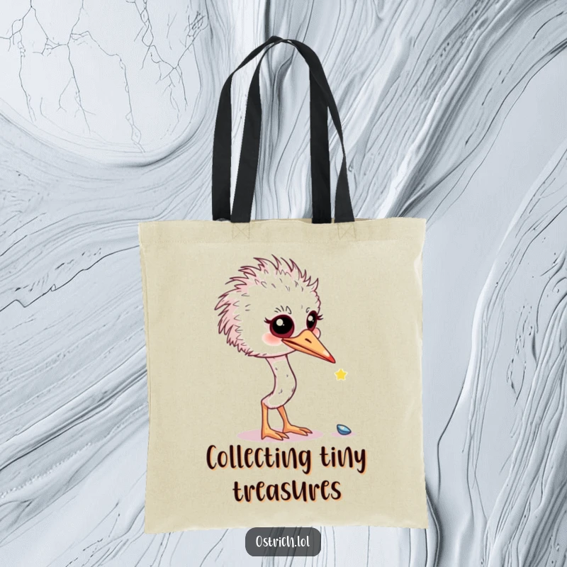 Funny curious ostrich looking at a shiny object on a tote bag, a practical and humorous funny gift.