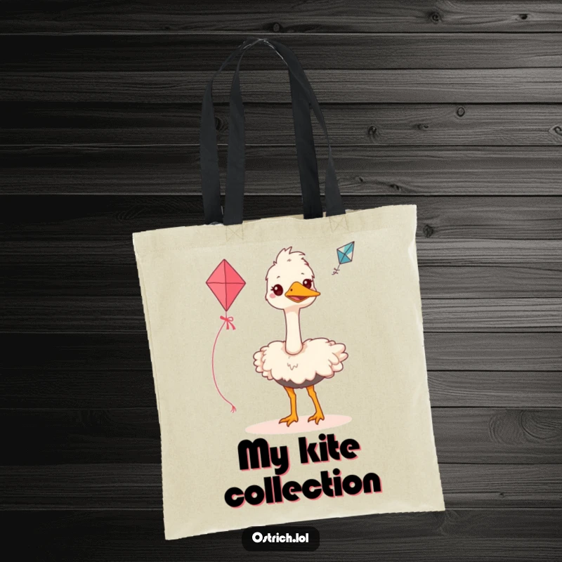 Funny ostrich tote bag illustrated with a grinning bird earnestly trying to fly a small kite, symbolizing determination and humor.