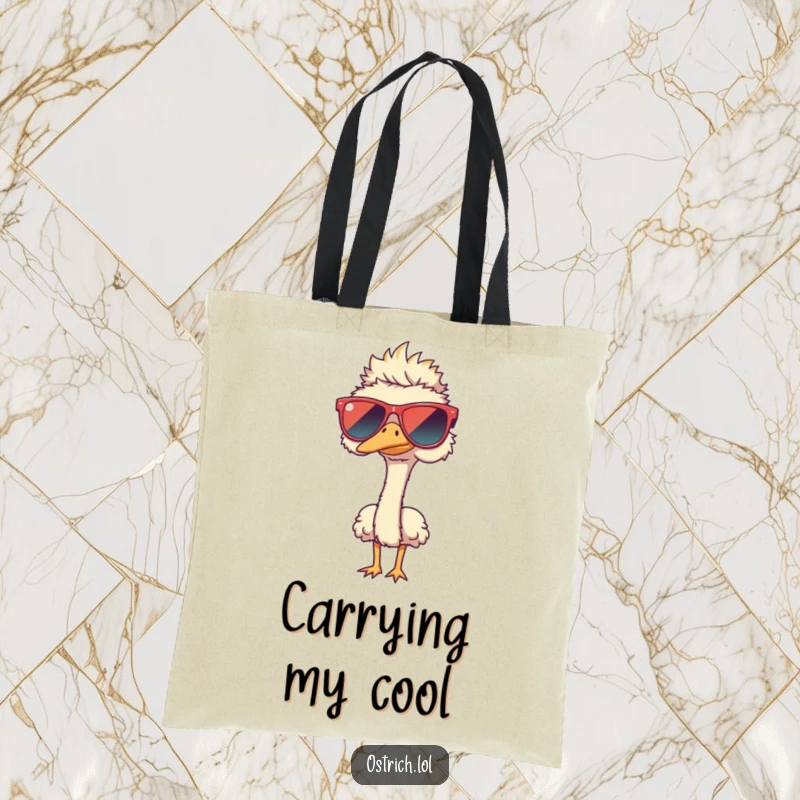 Funny ostrich wearing oversized sunglasses on a tote bag, a practical and humorous funny gift.